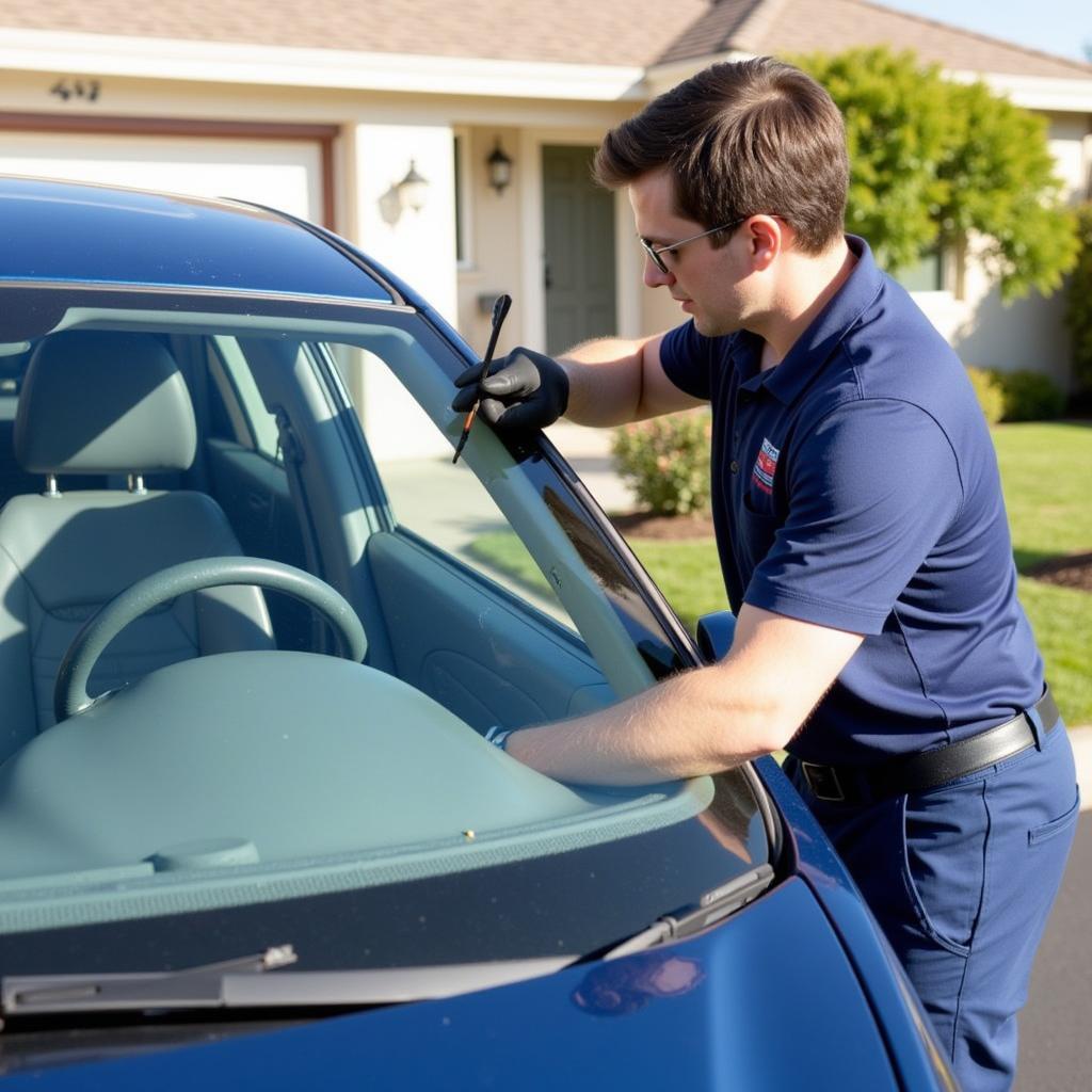 Mobile Car Window Repair Technician Working Onsite in Orange County