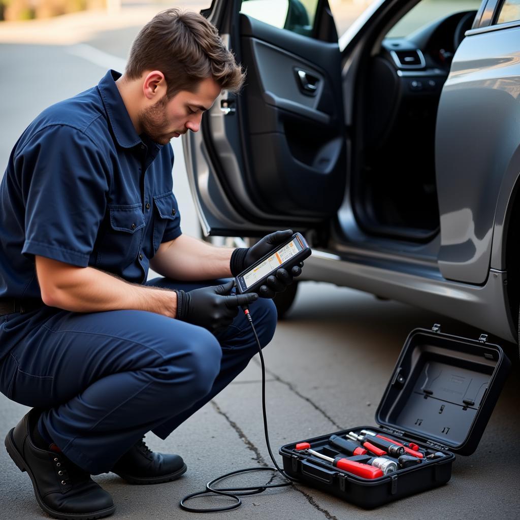 Mobile Mechanic Diagnosing a Car with a Diagnostic Scanner