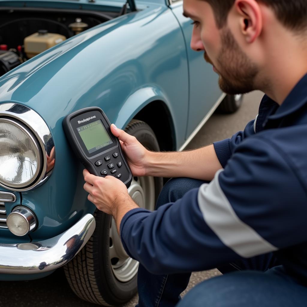 Mobile Mechanic Performing Diagnostic Test on an Old Car