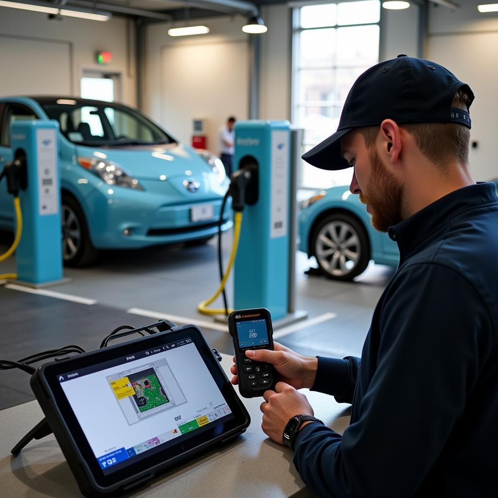 Mobile Technician Diagnosing an Electric Vehicle Using Specialized Equipment