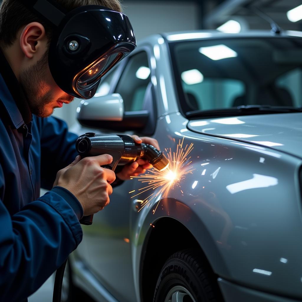 Modern Car Bodywork Repair Techniques: A technician using a laser welder to repair a car body panel.