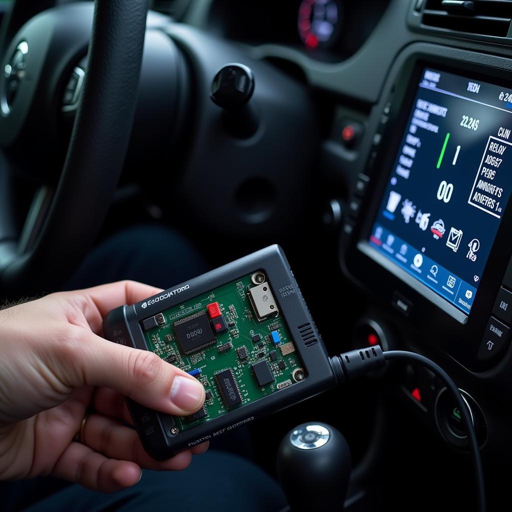 Modern diagnostic equipment being used on a car