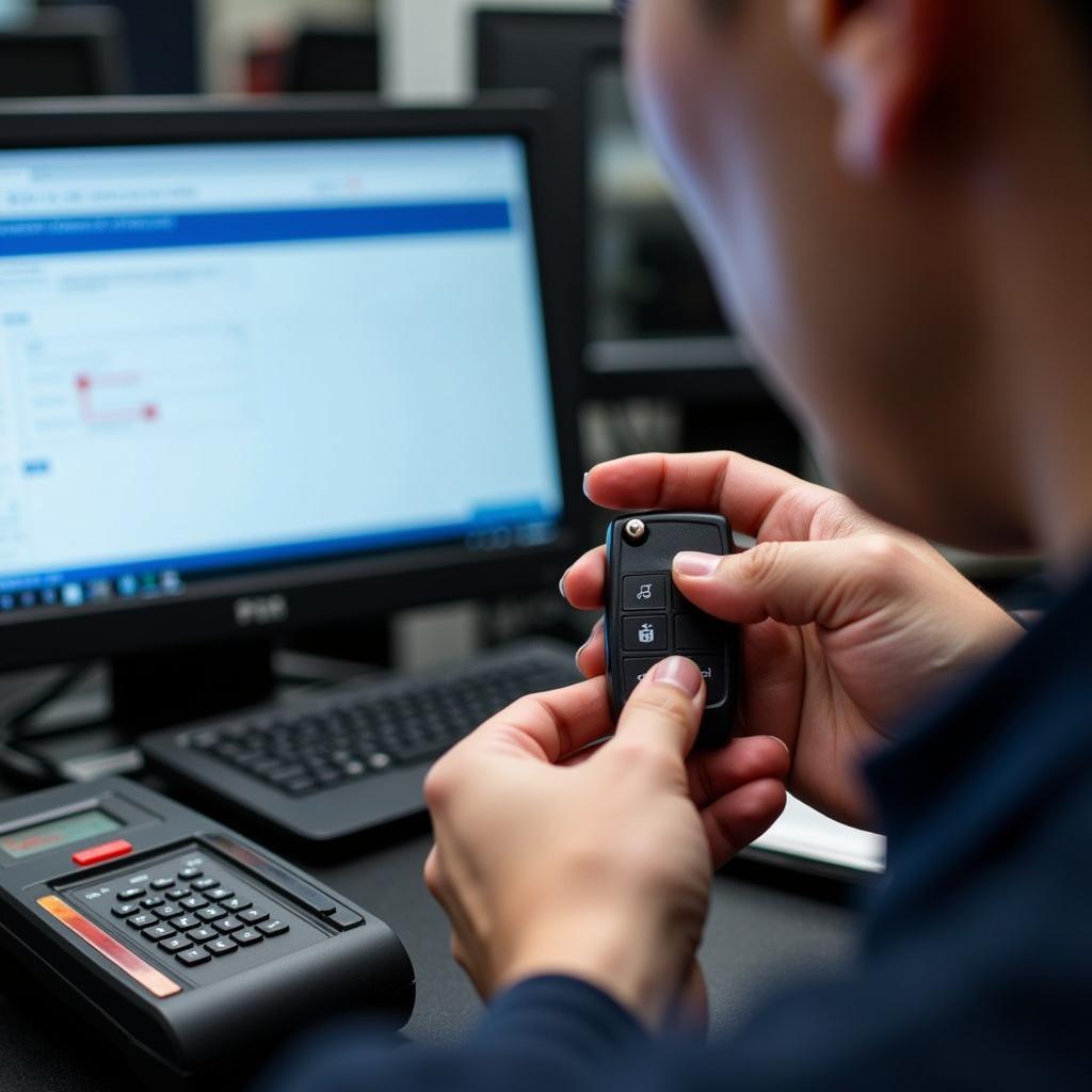 A technician programming a modern car key fob using specialized software and hardware.