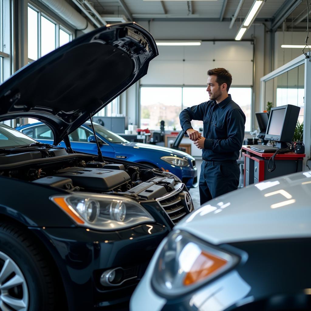 Modern car repair shop with diagnostic equipment and a technician working on a vehicle