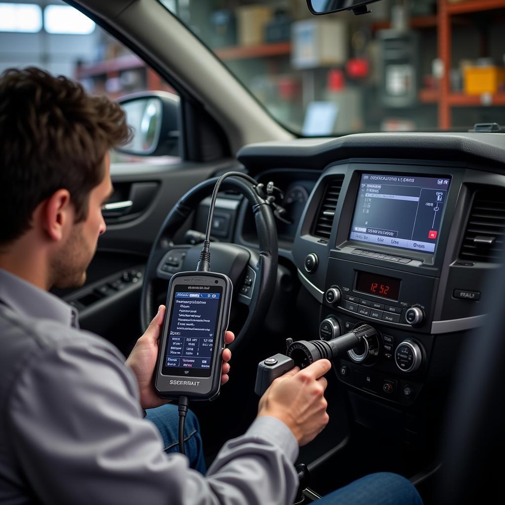 Mechanic using diagnostic tools on a car engine during an onsite visit