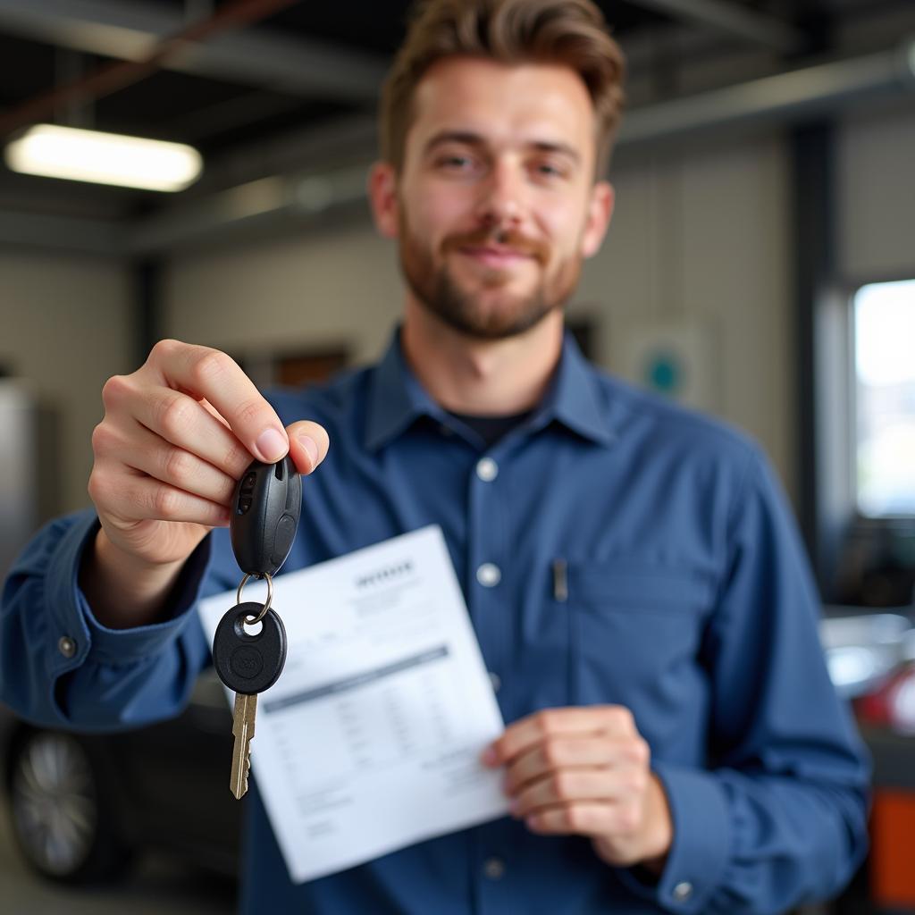 Mechanic Holding Car Keys After Bill is Paid