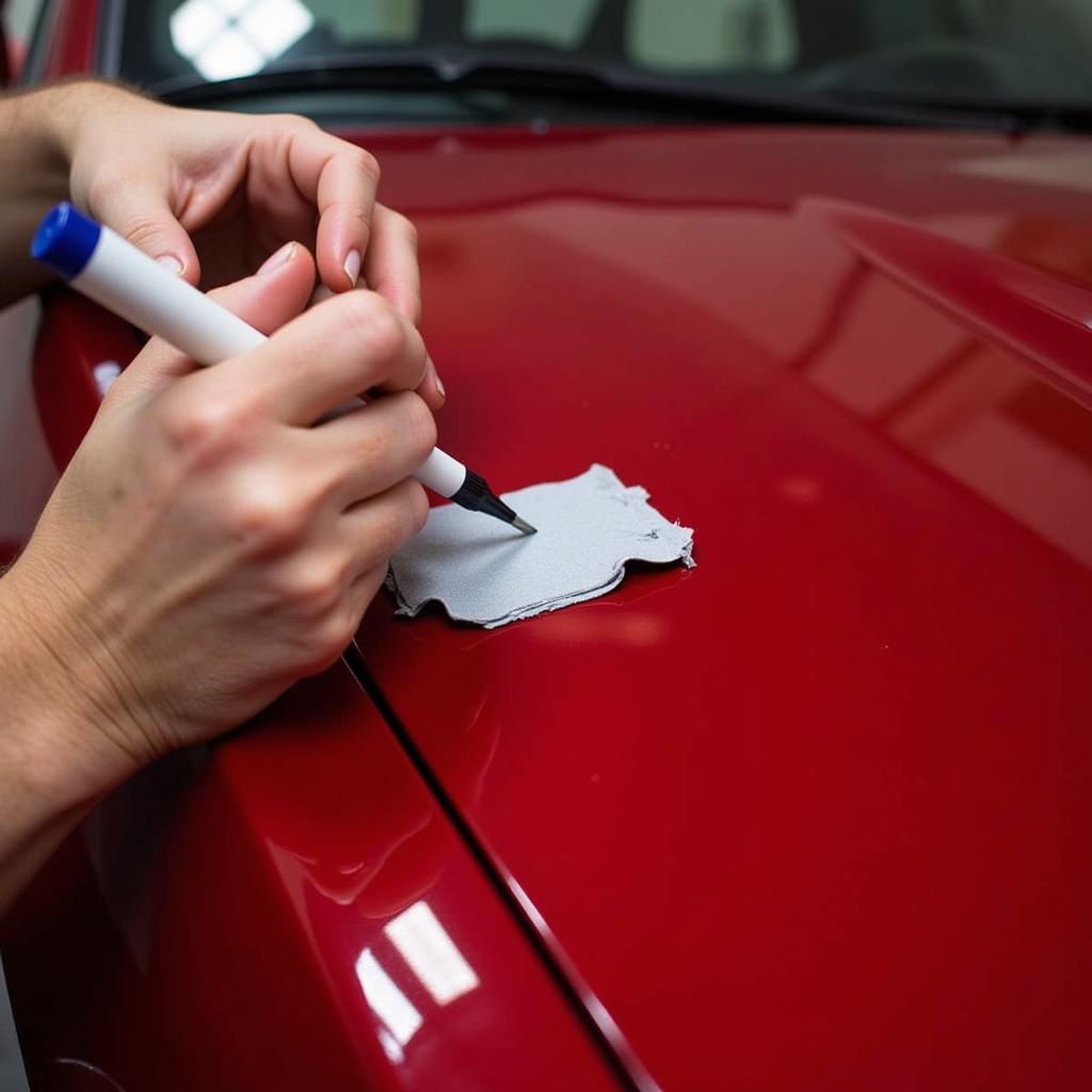 Close-up of a paint chip being repaired on a car in Orlando, Florida