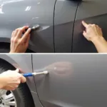 PDR Sutton Coldfield: A technician carefully uses specialized tools to remove a dent from a car door without repainting.