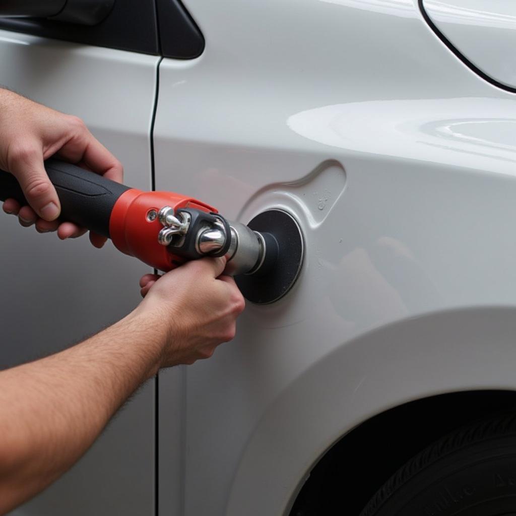 Technician performing paintless dent repair in Waringsford