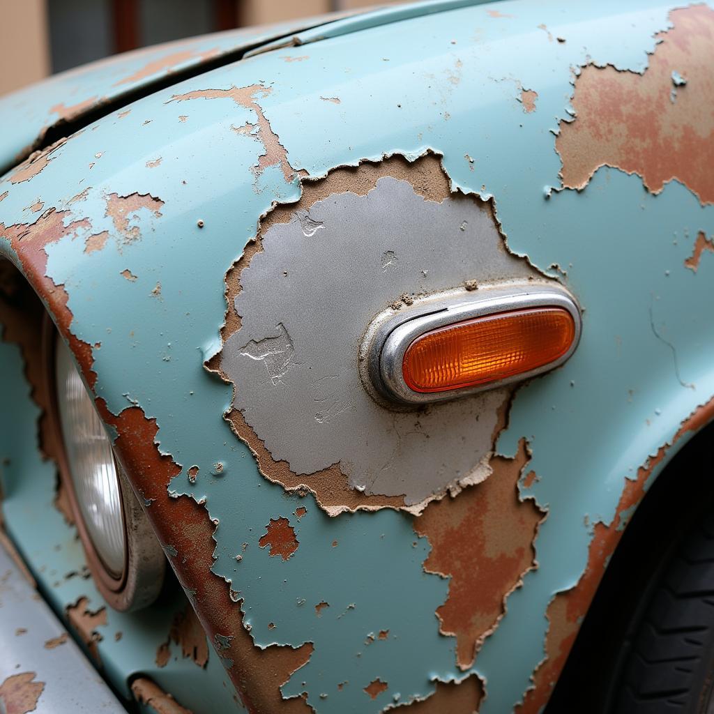 Close-up of peeled car paint showing extent of damage