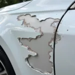 Close-up of peeling car paint showing different layers affected