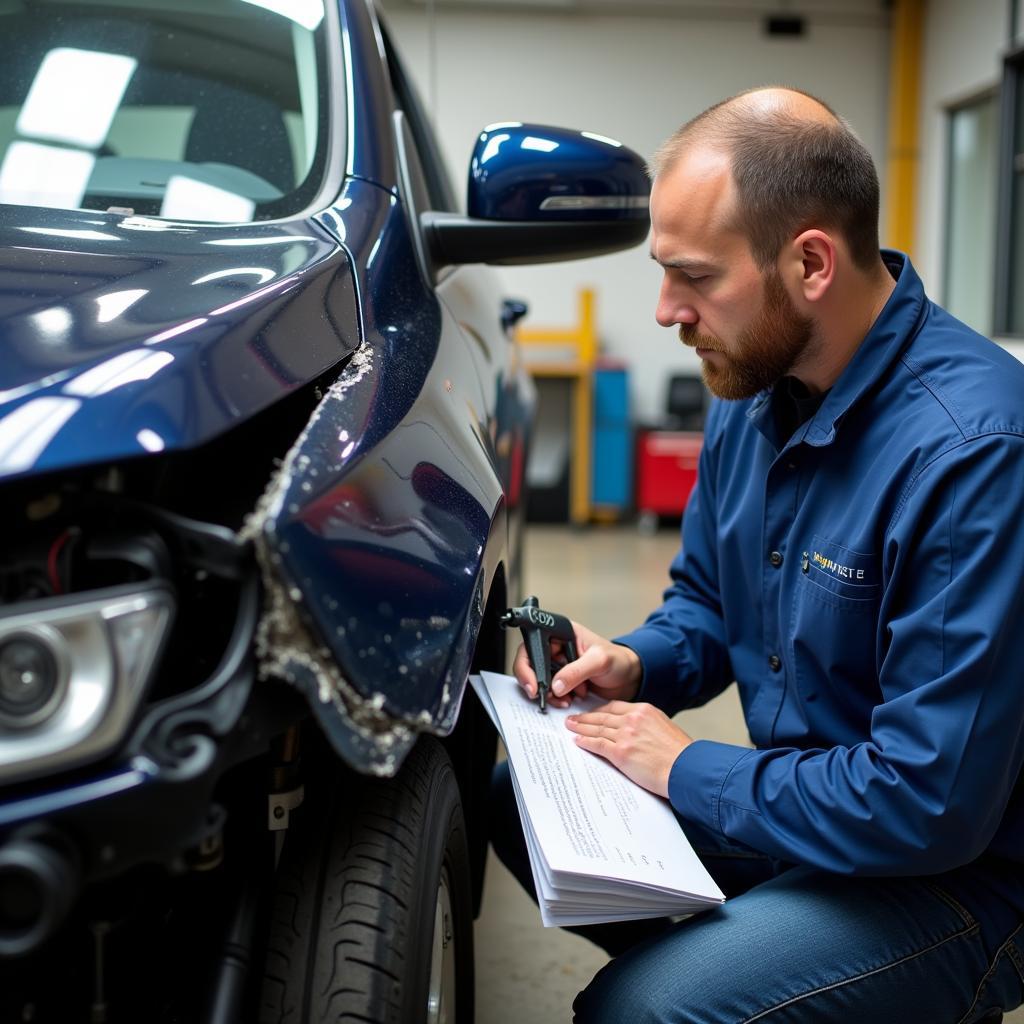 Petersfield Car Body Repair Technician Assessing Vehicle Damage