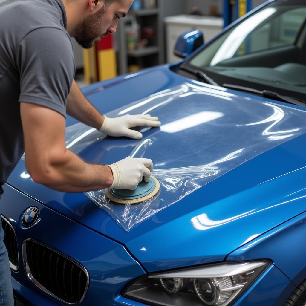 Applying Protective Film to Car Hood to Prevent Rock Chips