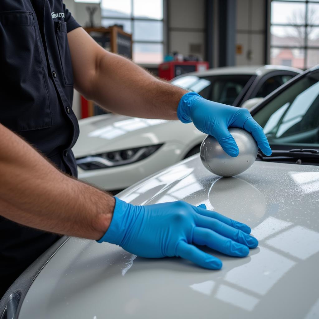 Professional Applying Clear Coat to Car Roof