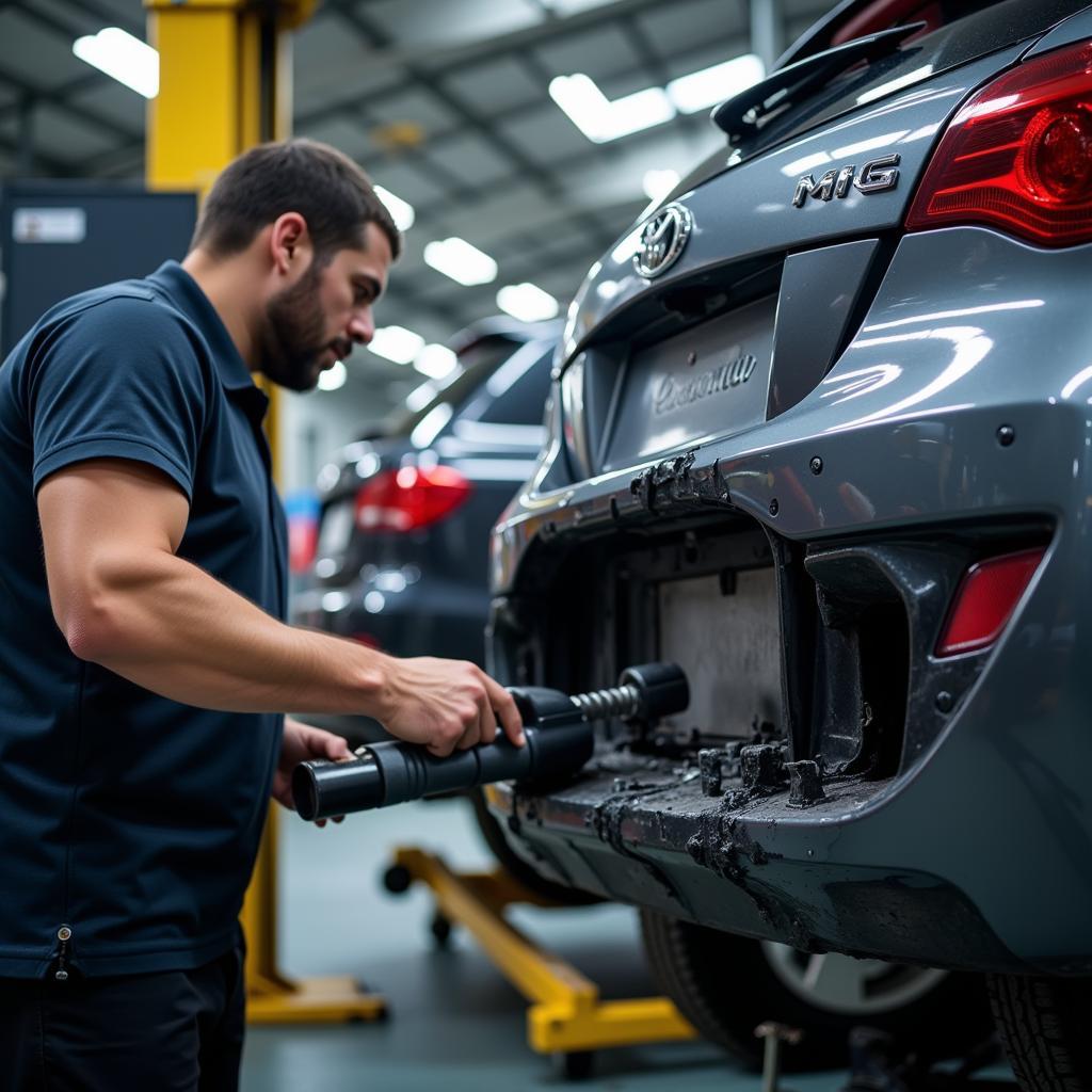 Professional car bumper repair process in a workshop