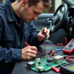 Professional Car Key Fob Repair in Bolton: A technician using specialized diagnostic equipment to analyze a car key fob.