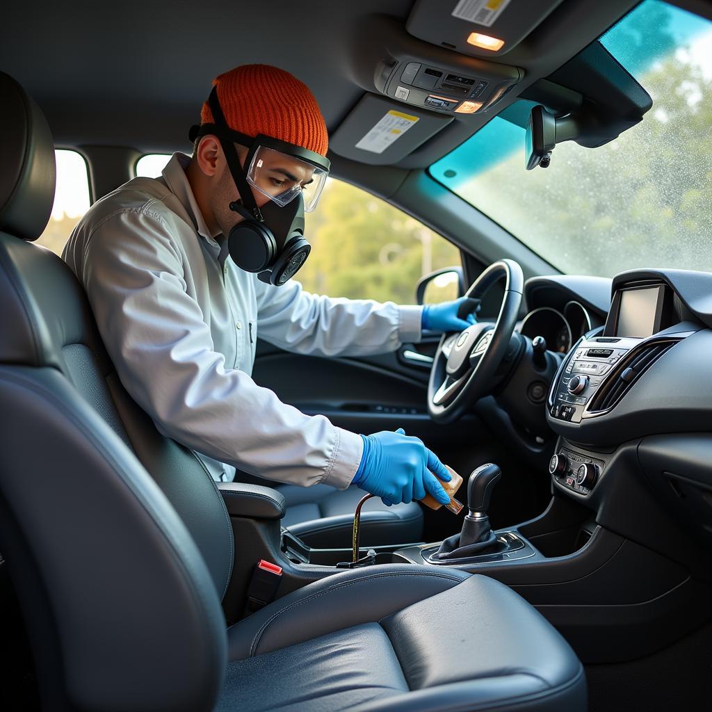 Professional removing mold from a car body using specialized equipment.