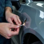 A professional technician repairing a car paint chip