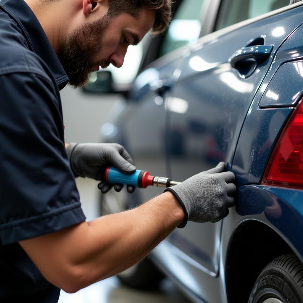 Professional repairing blistered car paint