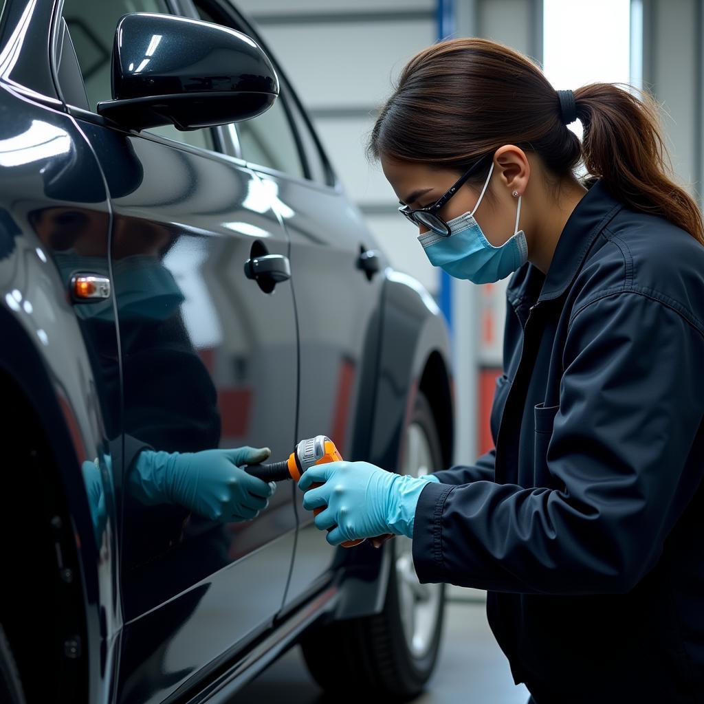 Professional applying touch-up paint to a car door