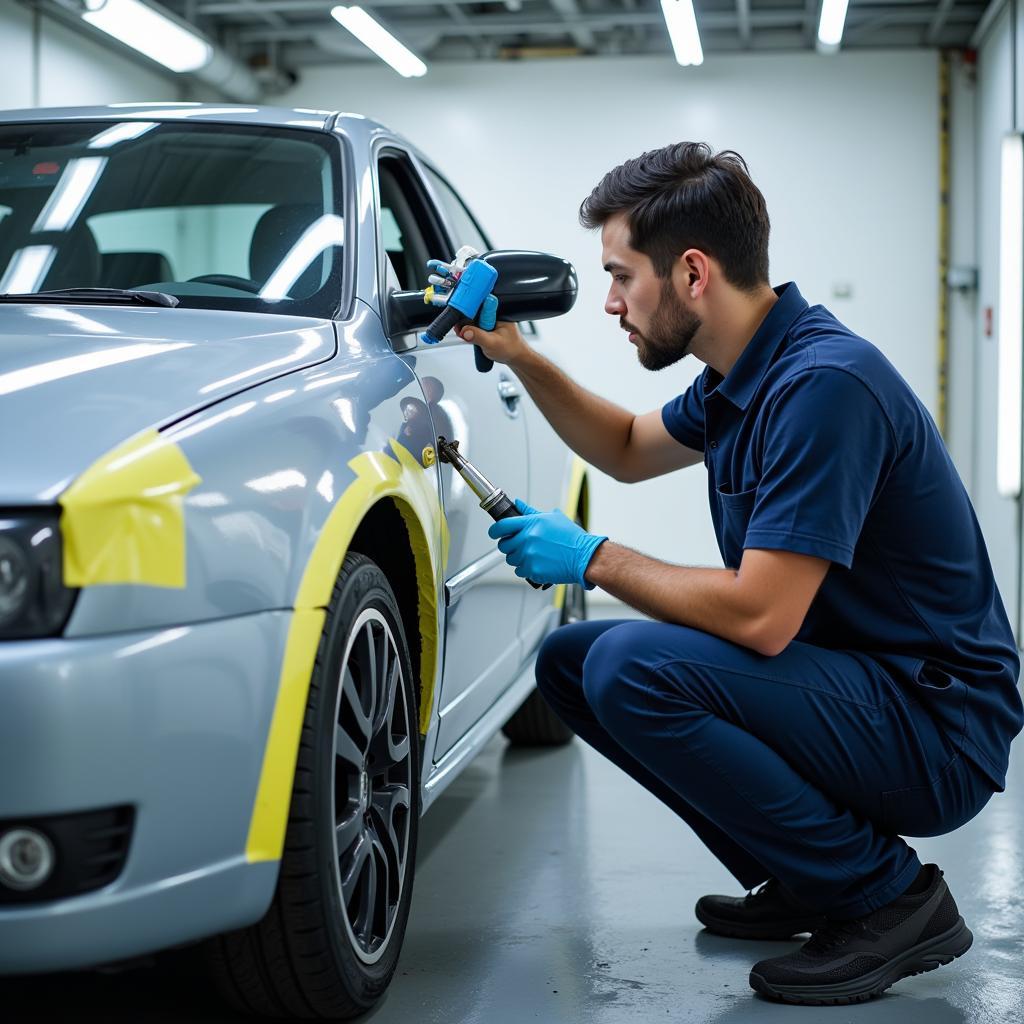 A car undergoing professional paint repair in a body shop.