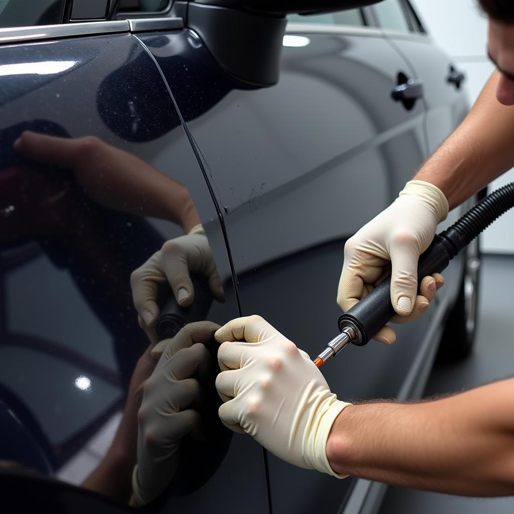 Professional repair of a deep scratch on car paint