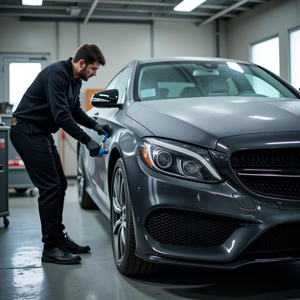 Professional Car Paint Repair Process in a Workshop