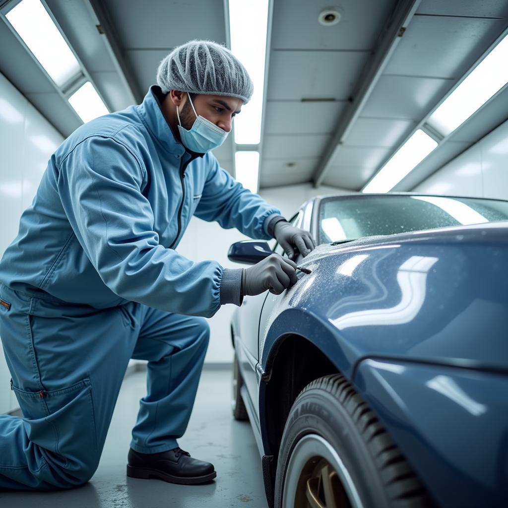 Professional Car Paint Repair Process: Sanding, Priming, and Painting