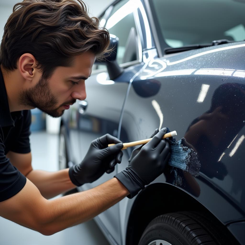 Professional car paint repair in progress