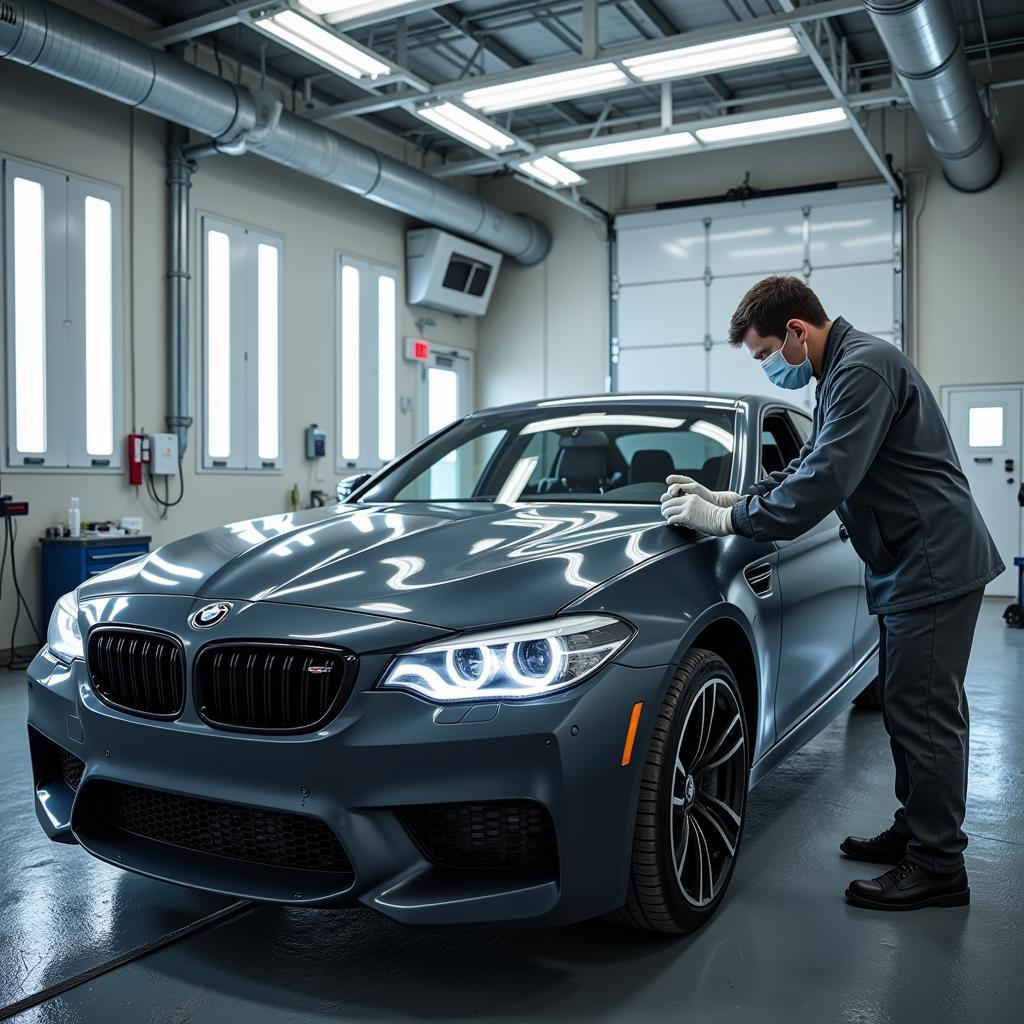 Professional car paint repair process in a workshop