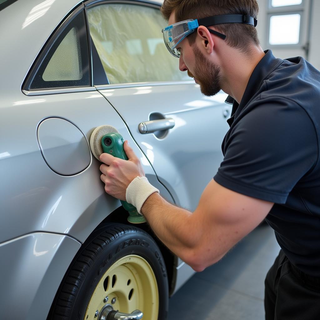 Professional car paint repair process showing sanding and repainting.