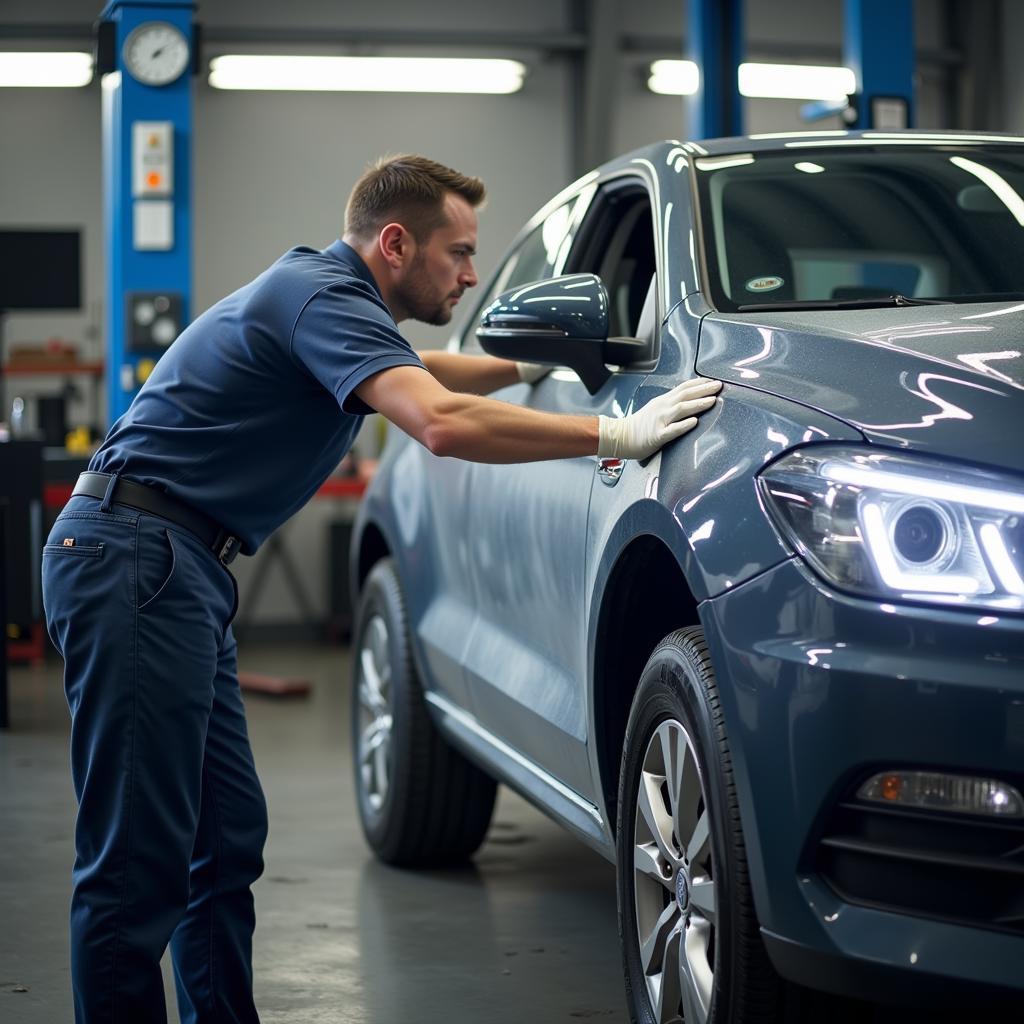 Professional car paint repair process: A mechanic working on a car's paint repair in a professional workshop.