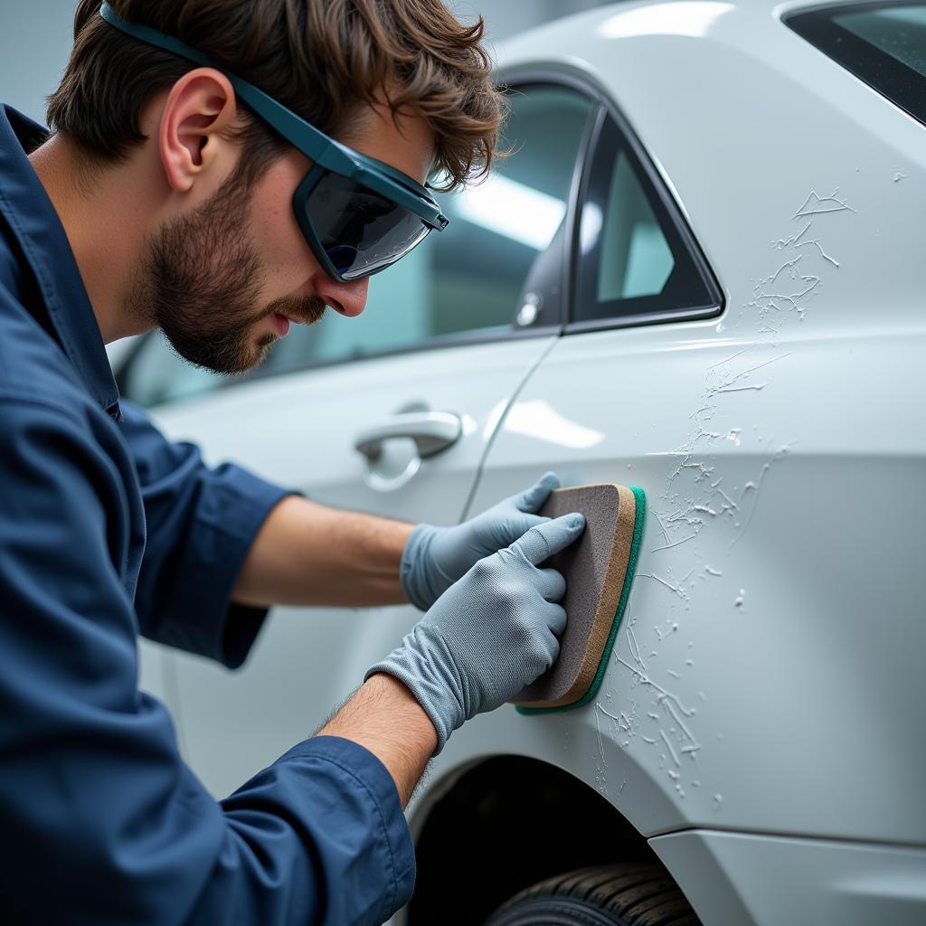 A car body repair technician sanding a scratched car panel in preparation for repainting.