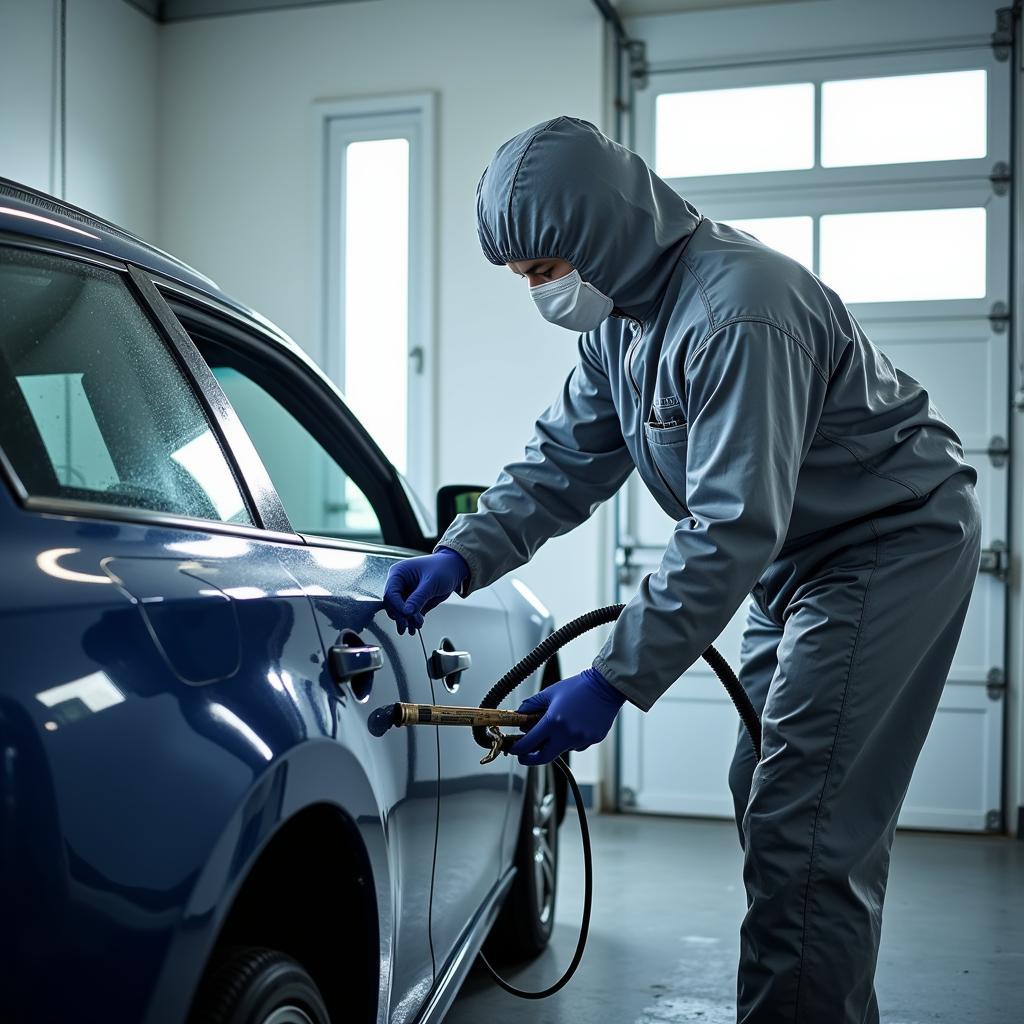 Professional Car Paint Repair Shop: Technician Working on a Car