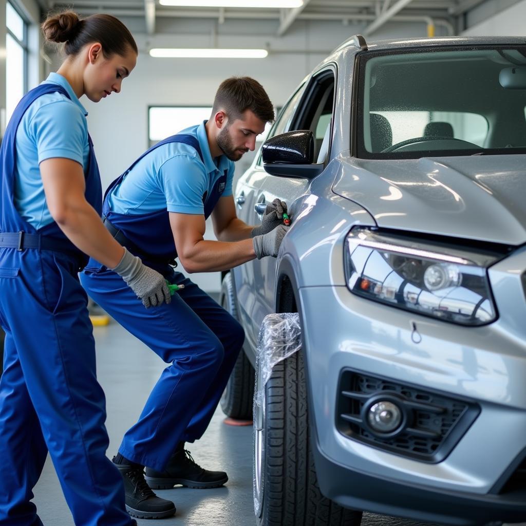 Professional car paint repair shop with technicians working on a vehicle