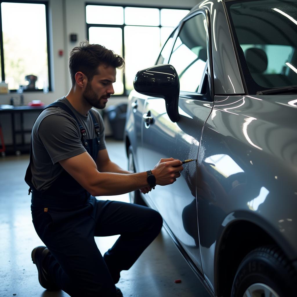 A car being professionally repaired for chipped paint in a UK garage.