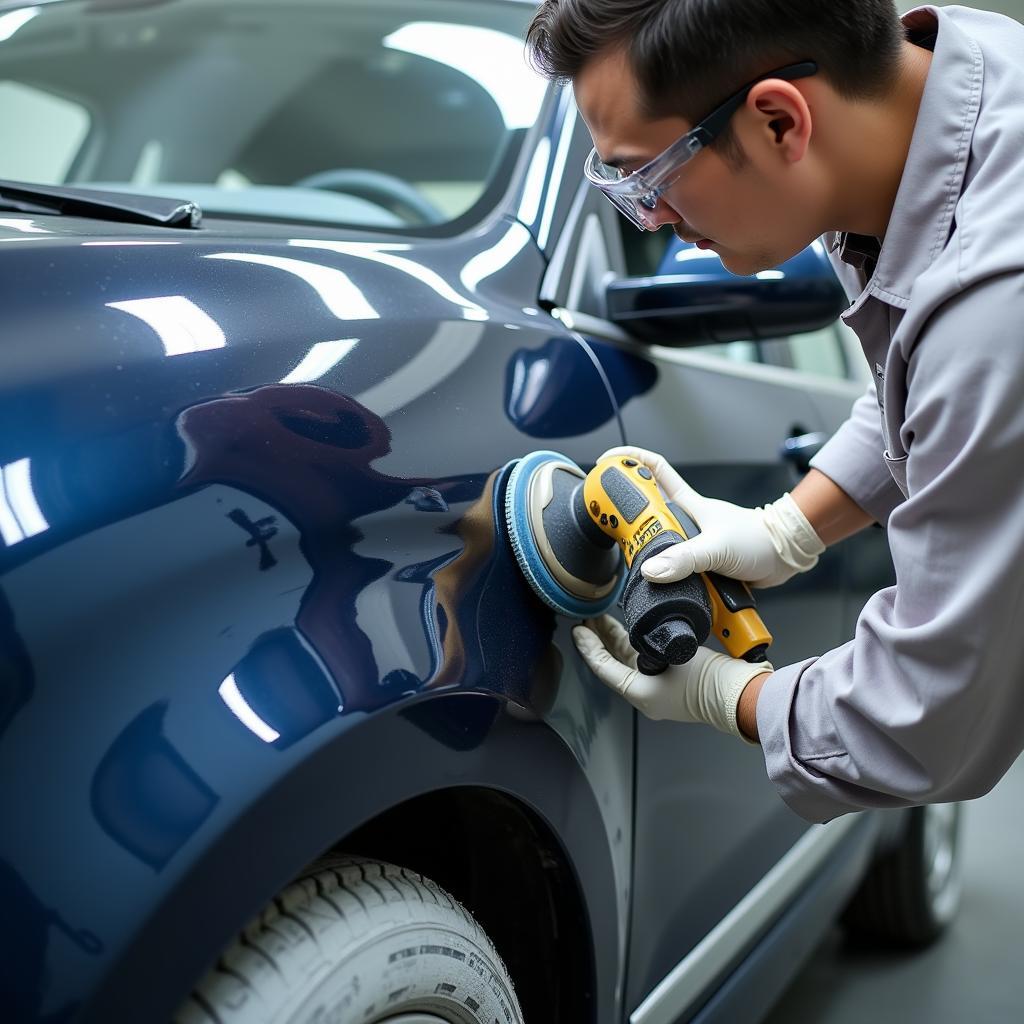 Professional car paint scratch repair involving sanding and repainting.