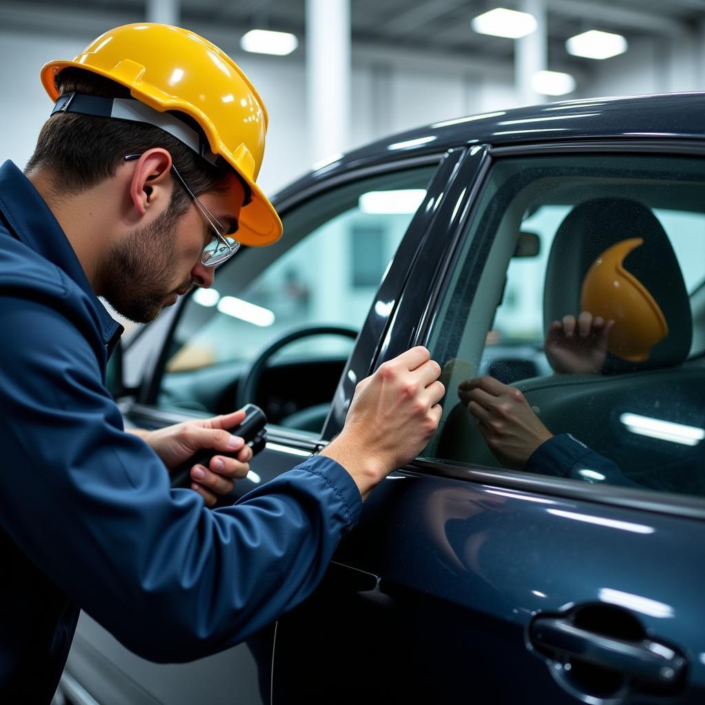 Professional Car Window Film Repair Technician at Work