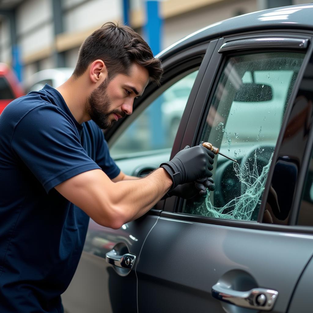 Professional Car Window Repair Technician Working on a Damaged Window