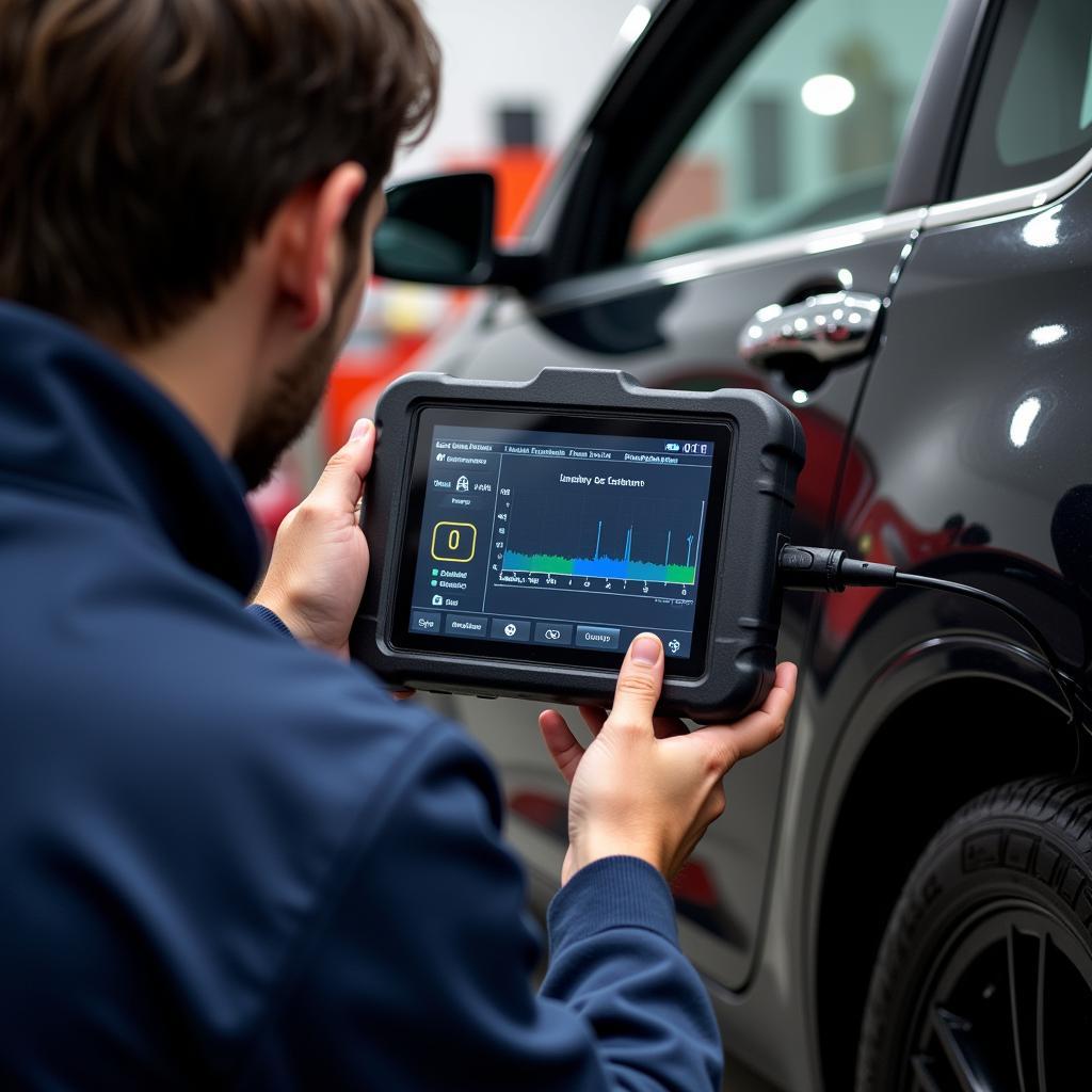 Professional mechanic using a car diagnostic machine in a workshop to diagnose a vehicle.