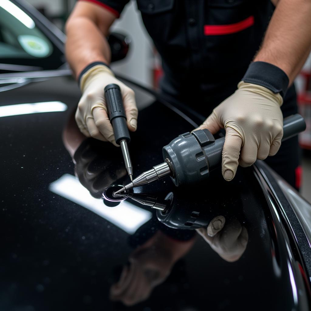 Professional Paint Chip Repair on a Car Hood