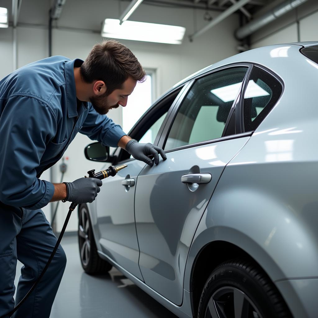 Professional Silver Car Paint Repair in a Body Shop