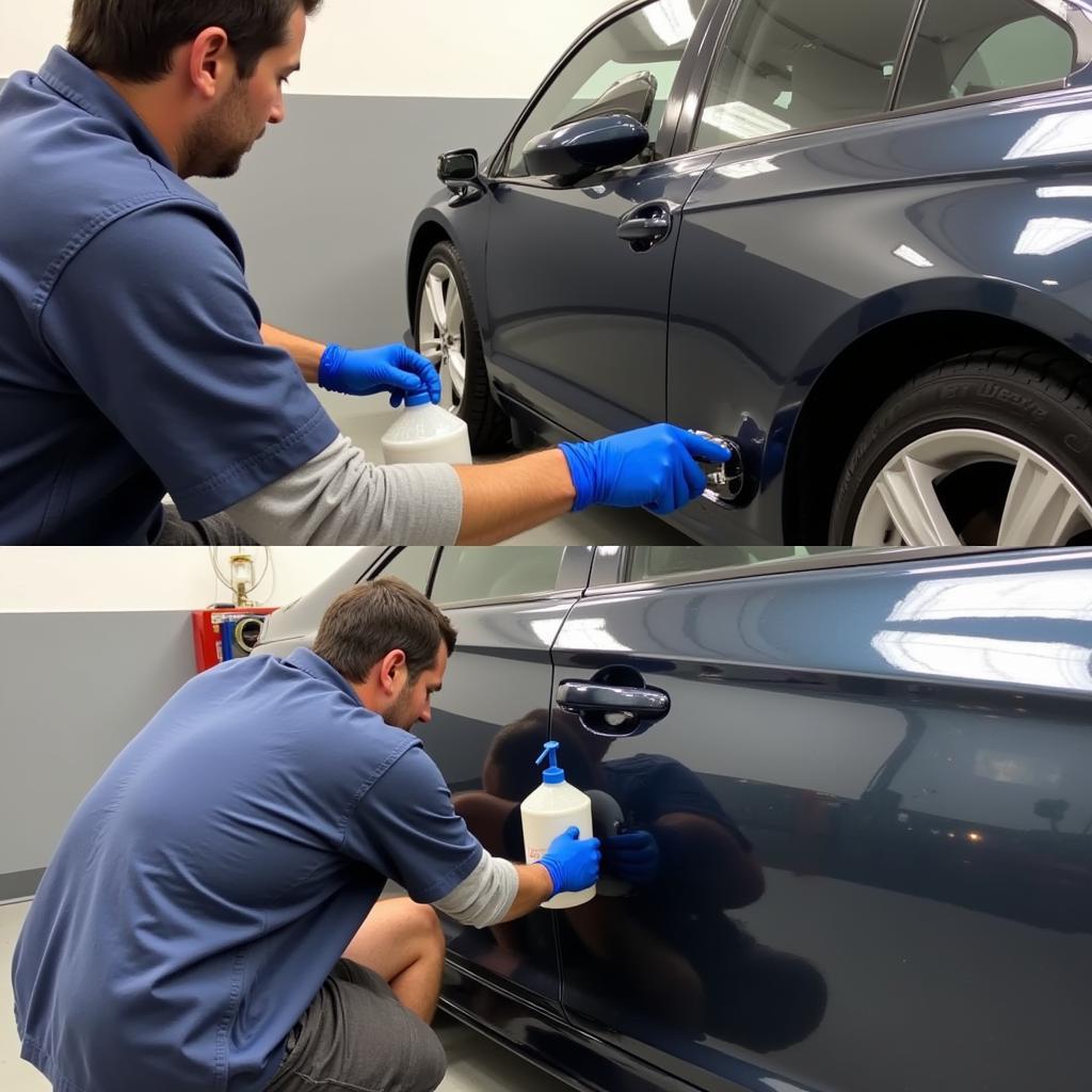 Protecting repaired car paint in Abingdon: Applying a ceramic coating to protect against environmental damage and maintain a glossy finish.