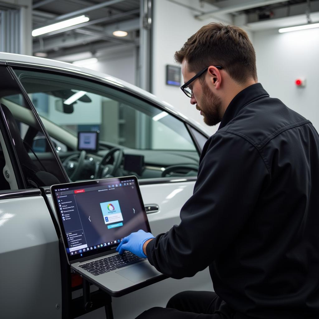 Qualified Tesla Repair Technician Calibrating a Window Sensor