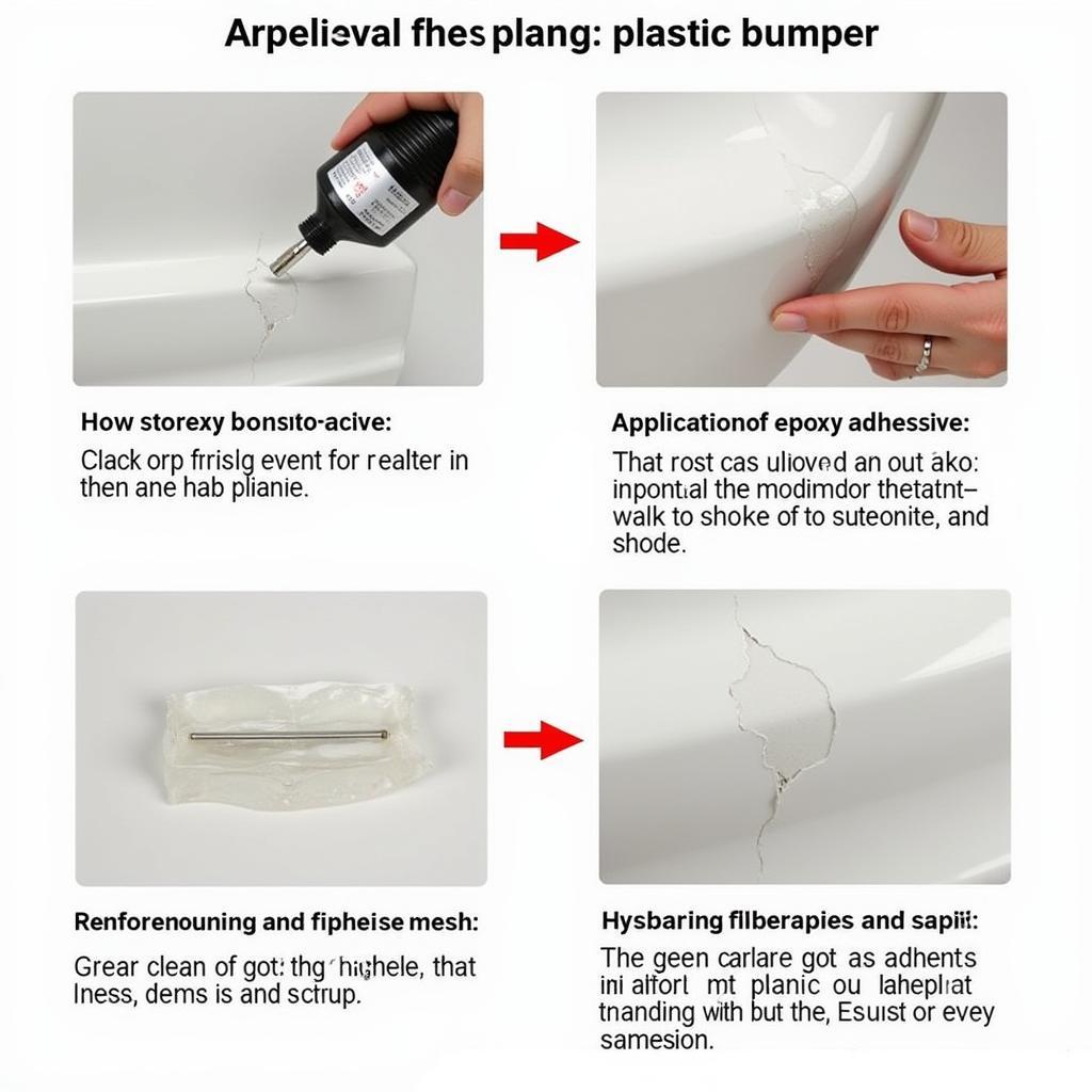 Repairing cracks in a plastic car bumper using epoxy and reinforcement mesh.