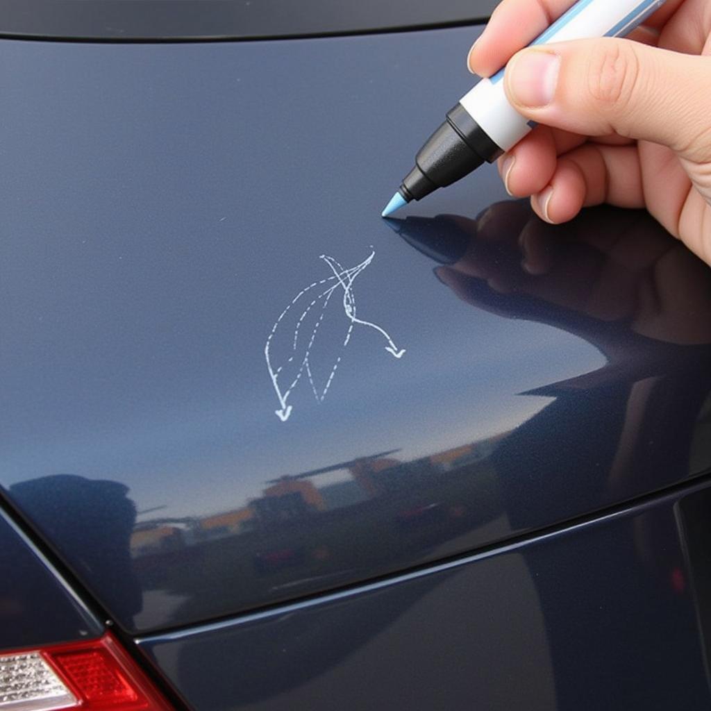 Repairing minor paint scratches on a car using a touch-up pen.