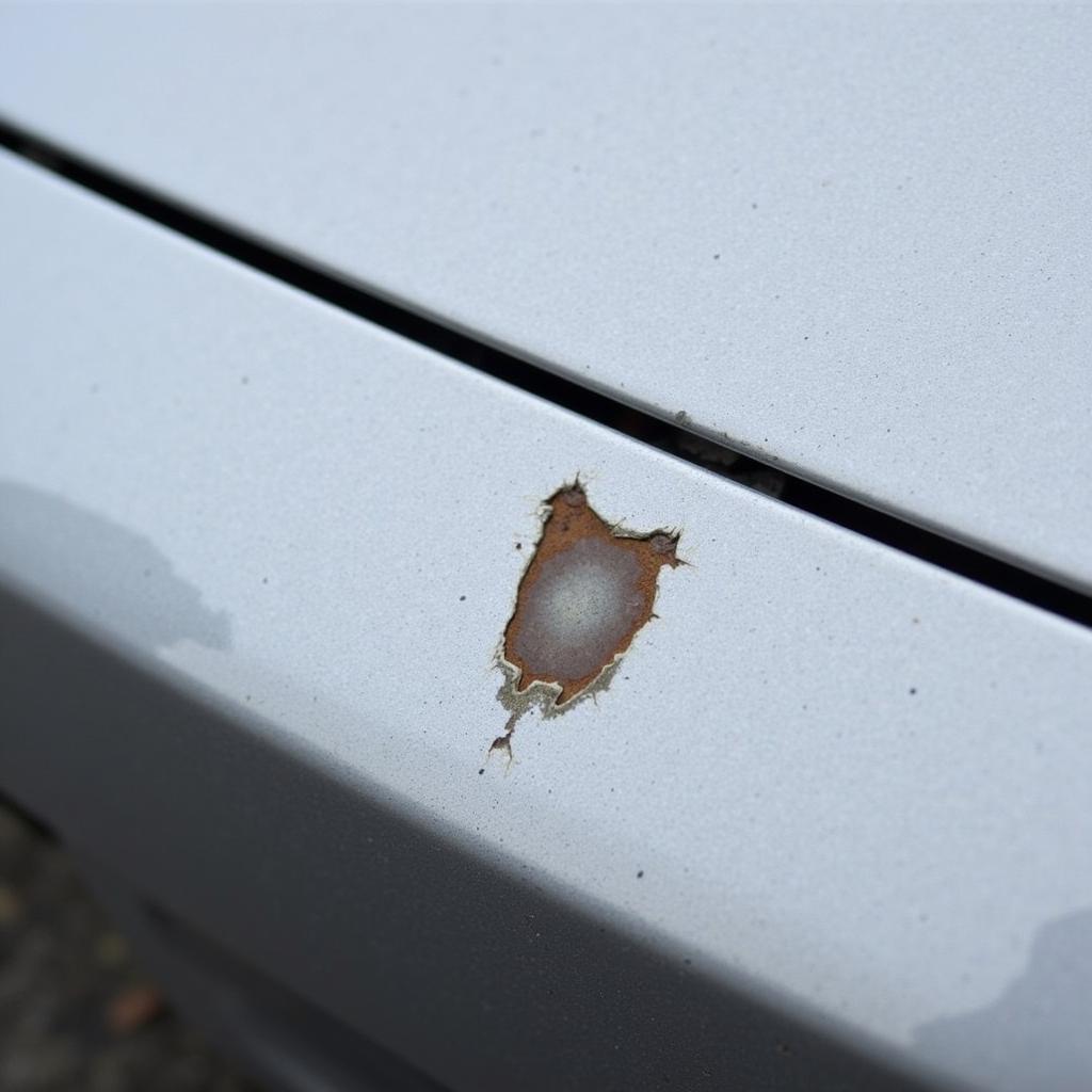 Close-up image of a road chip damaging car paint, showing the exposed metal underneath.