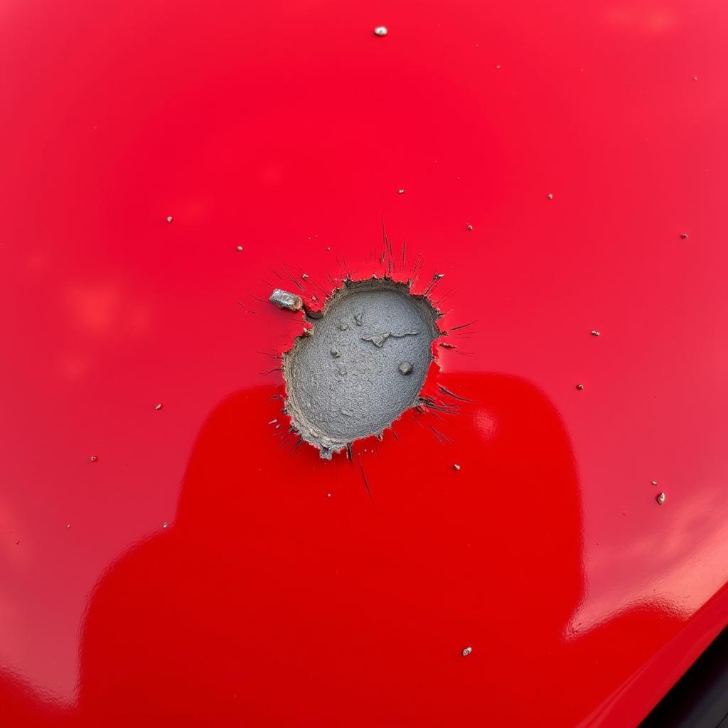 Close-up of rock chip damage on a red car hood