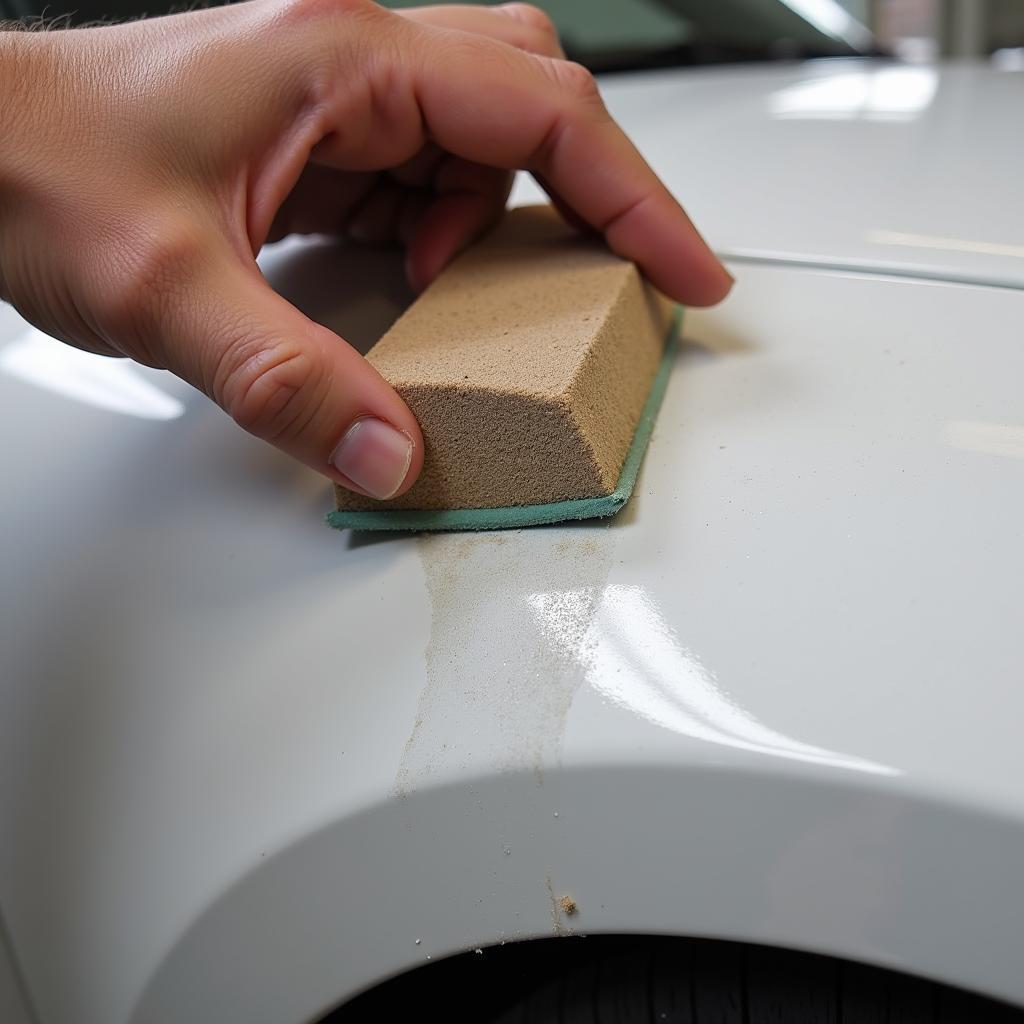 Sanding a car paint run with fine-grit sandpaper.