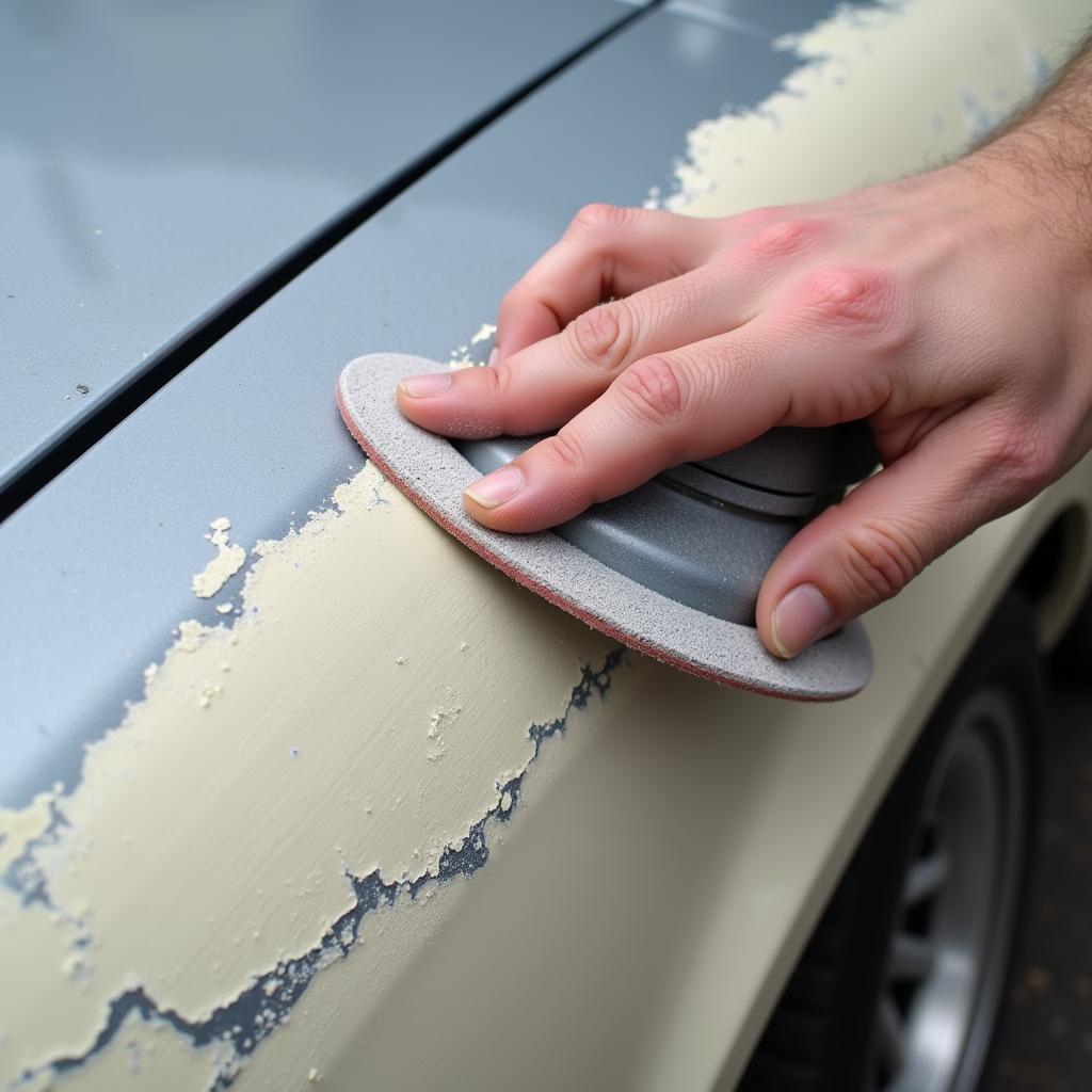 Sanding Peeling Car Paint to Prepare for Repair